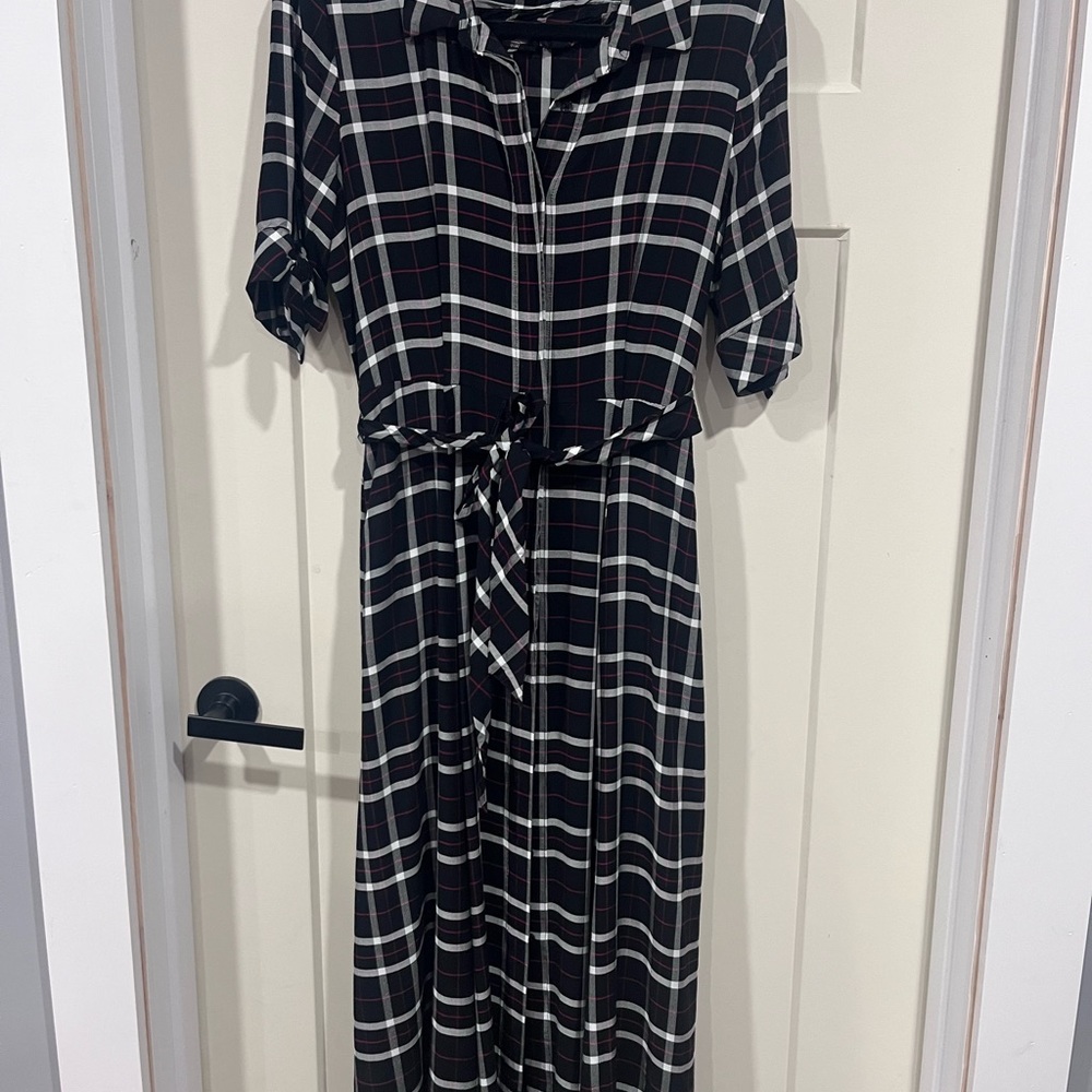 Calvin Klein Black & White Plaid Maxi Shirt Dress with Tie Waist